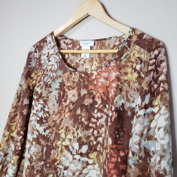 🦋2/$25 Kate Hill Size 12 Petite Yellow Brown Print 3/4 Sleeve Scoop Neck Blouse - Picture 2 of 11